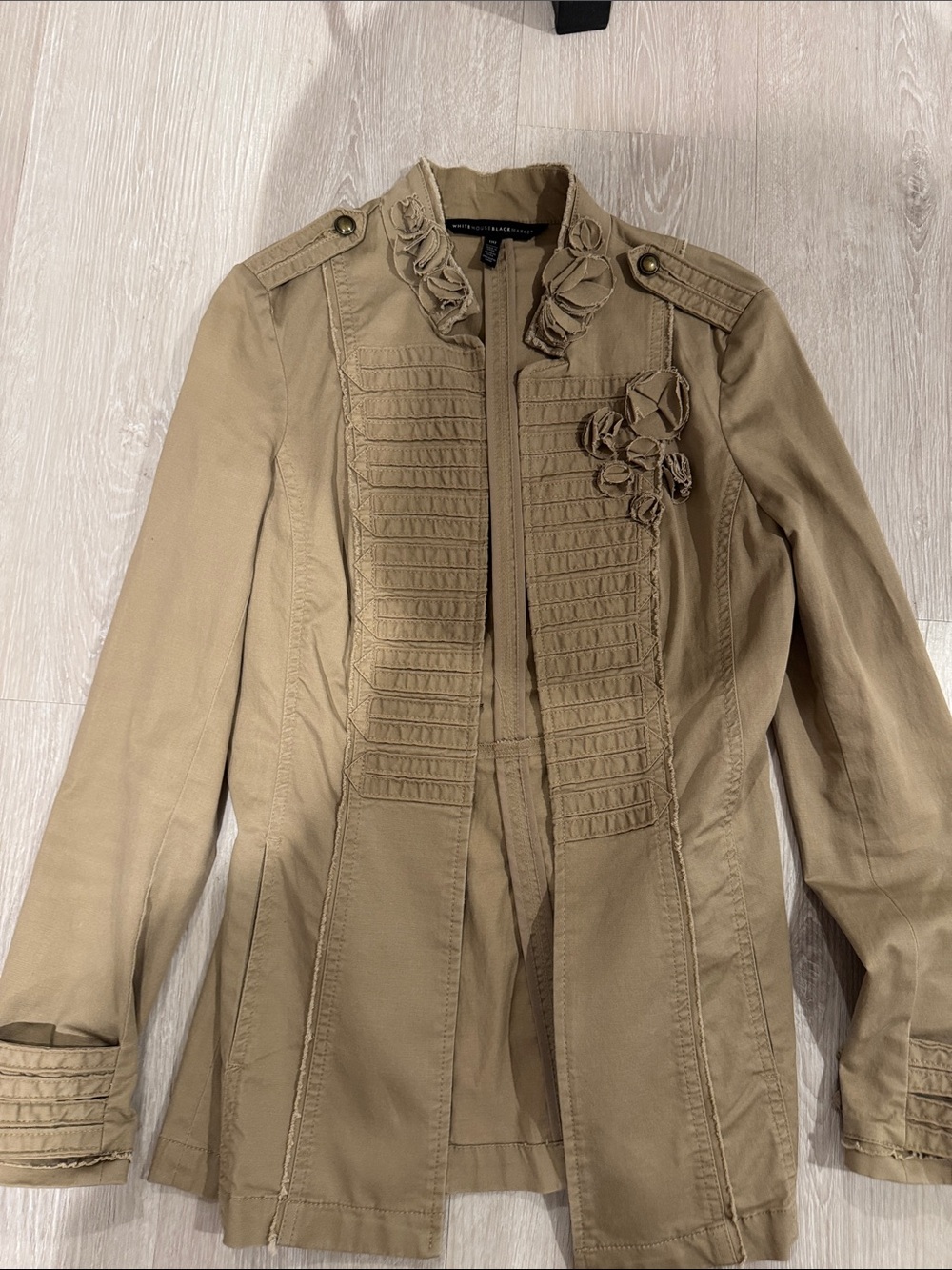 White House Black Market Tan Floral-Appliqué Military Jacket